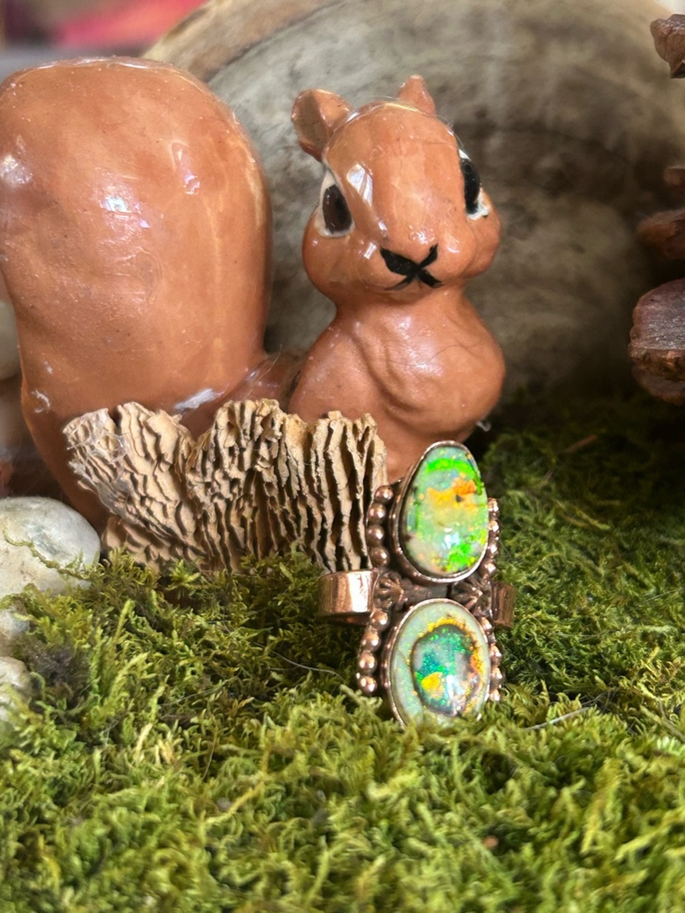 Copper spider double web Opal ring